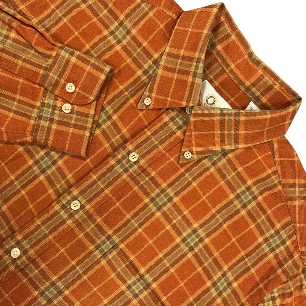 Viyella Button Down Wool Blend Flannel Shirt Mens L Orange Plaid Fall Hong Kong